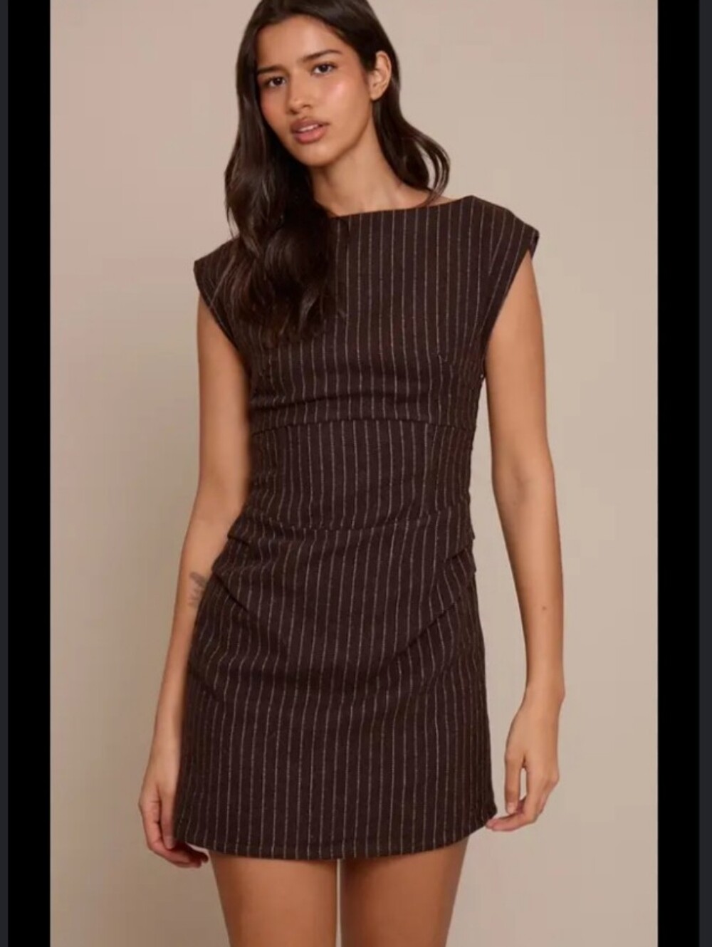 PrettyLittleThing Brown Pinstripe Ruched Wool Blend Bodycon Mini Dress Size 2